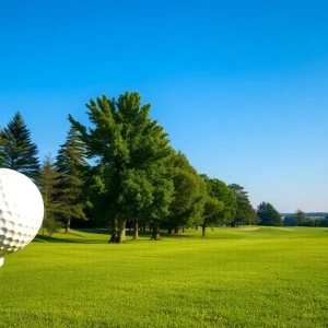 Illustration of an indoor golf event setting with fans and players