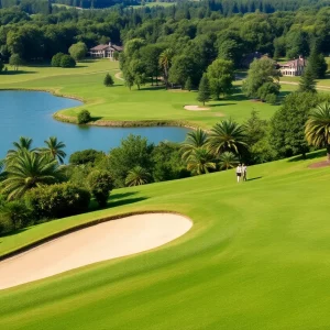 A stunning view of TPC Boston golf course filled with golf fans during FM Global Championship.