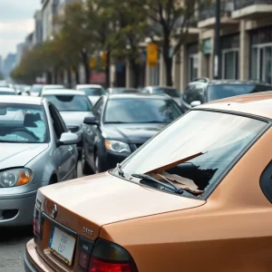 Abandoned and damaged cars on a city street depicting car theft issues.