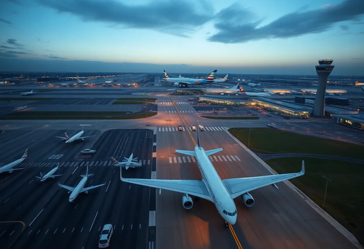 Aerial view of airport with planes and control tower