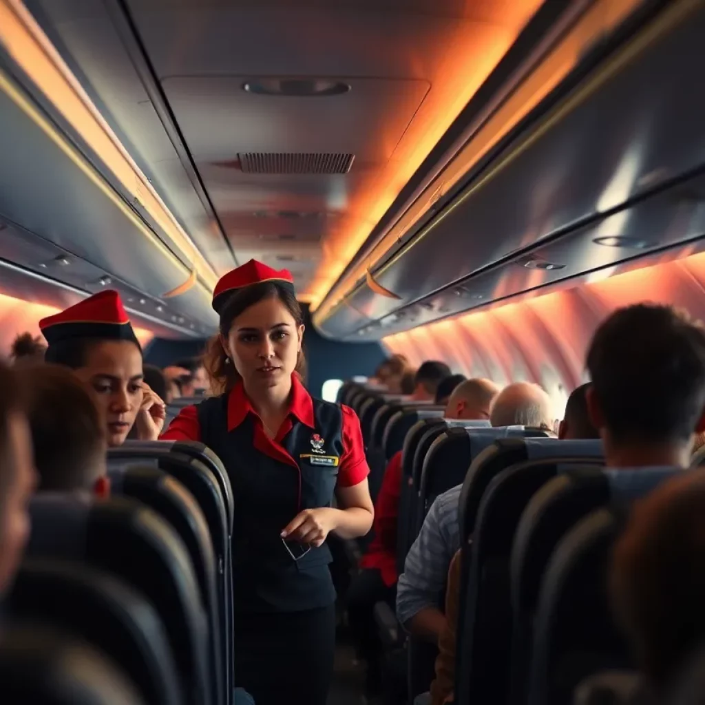 Flight attendants managing a critical situation in an airplane cabin