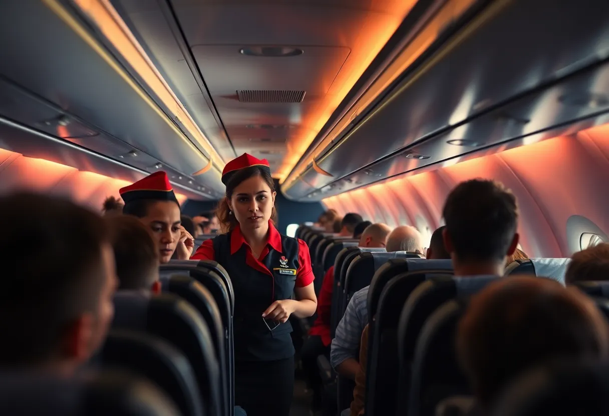 Flight attendants managing a critical situation in an airplane cabin