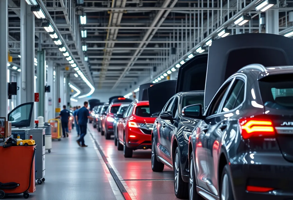 Workers in a modern automotive assembly line producing vehicles.