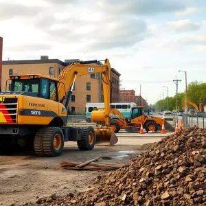 Construction site with heavy machinery in an urban setting