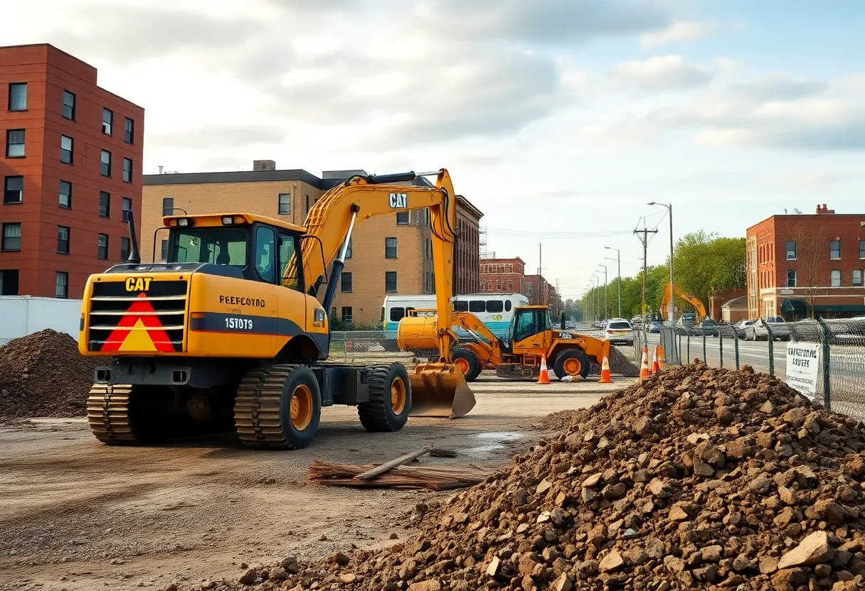 Construction site with heavy machinery in an urban setting