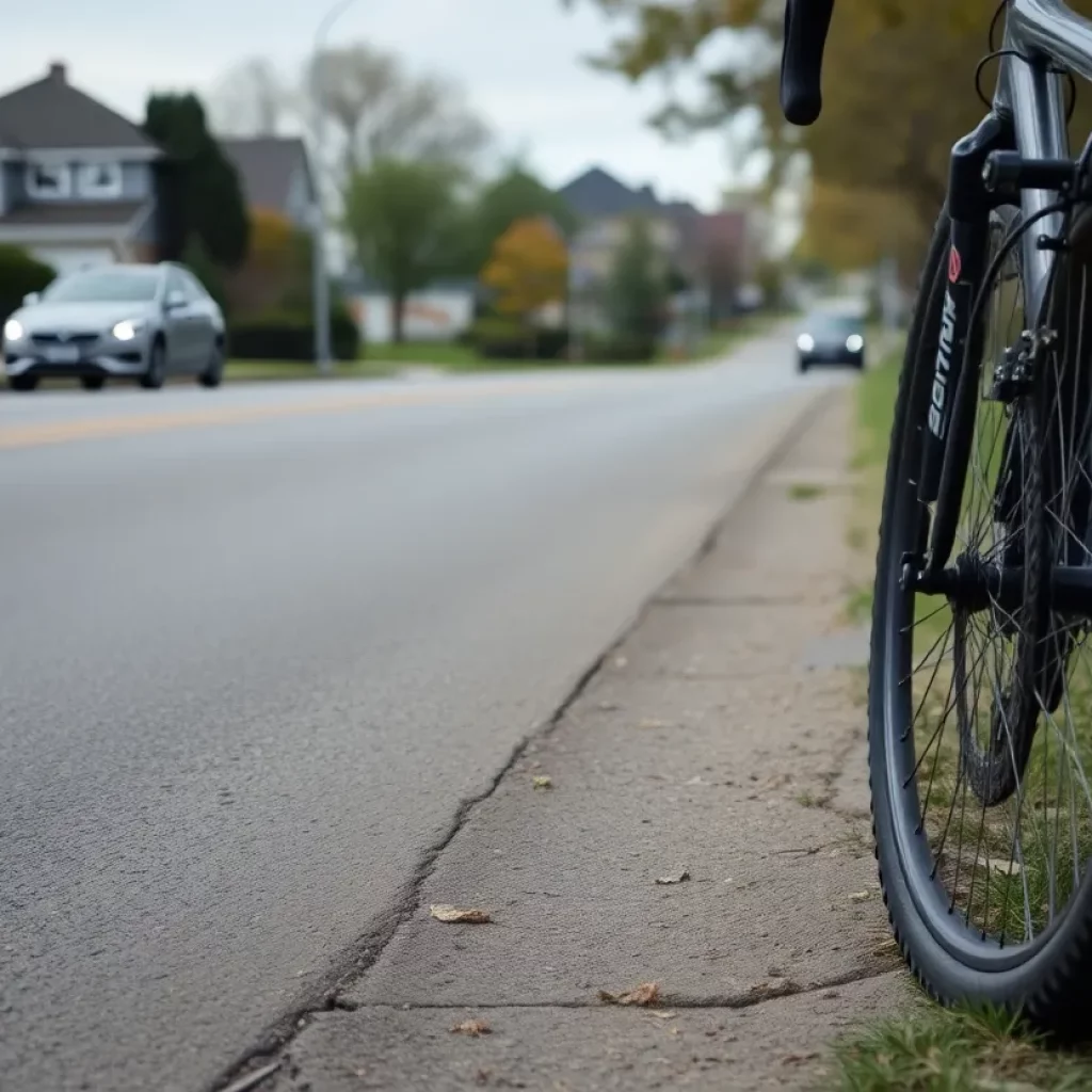 Quiet suburban road with bicycle gear and tire remnants