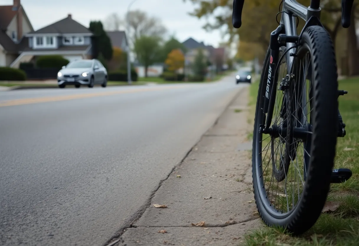 Quiet suburban road with bicycle gear and tire remnants
