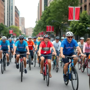 Cyclists participating in Boston's Bike to Work Day event
