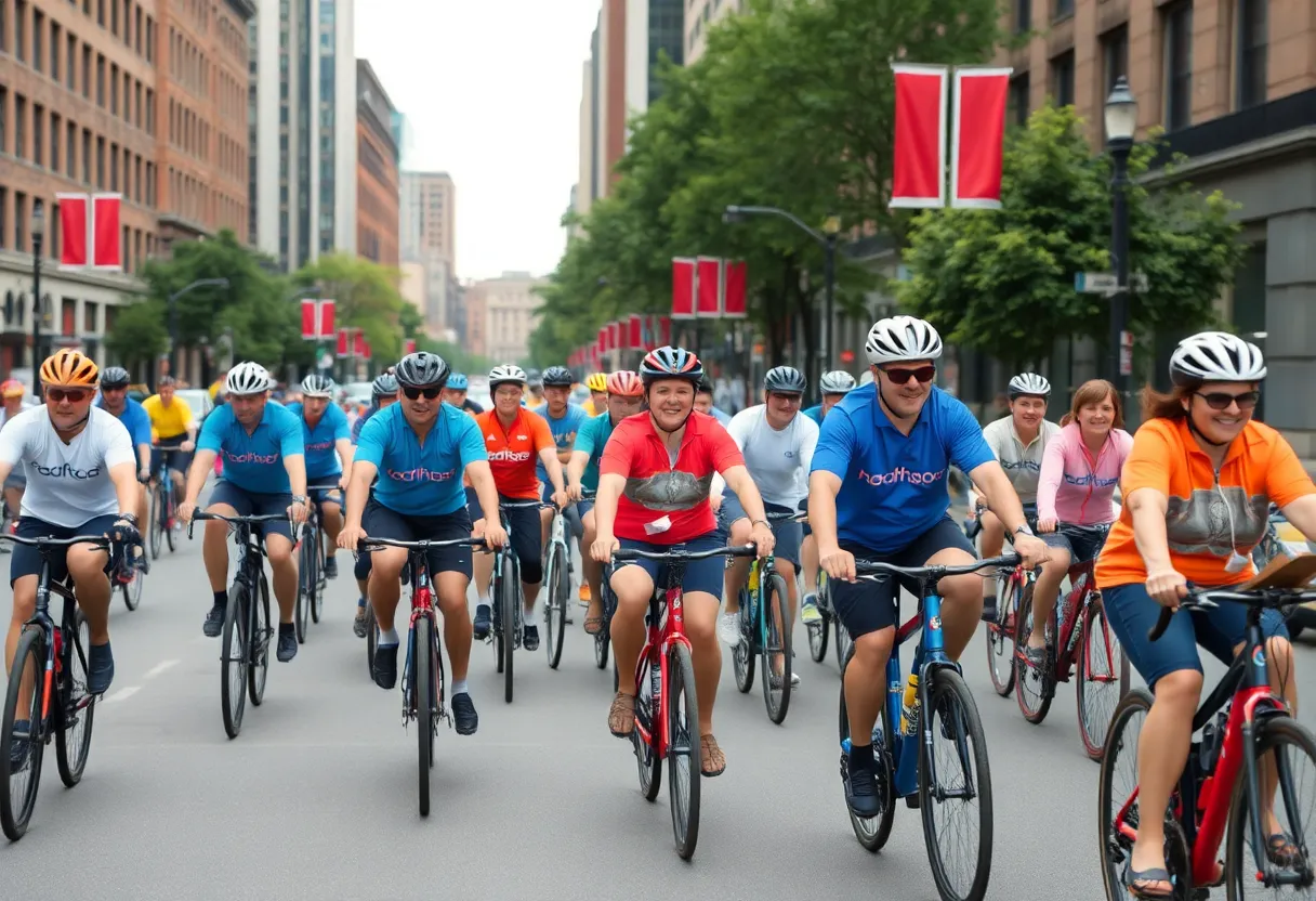 Cyclists participating in Boston's Bike to Work Day event
