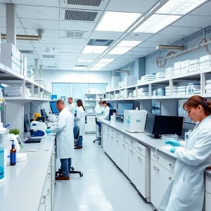 Researchers working in a biotechnology lab in Massachusetts