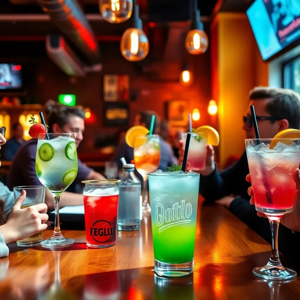 Vibrant Boston bar showcasing non-alcoholic drinks and lively patrons