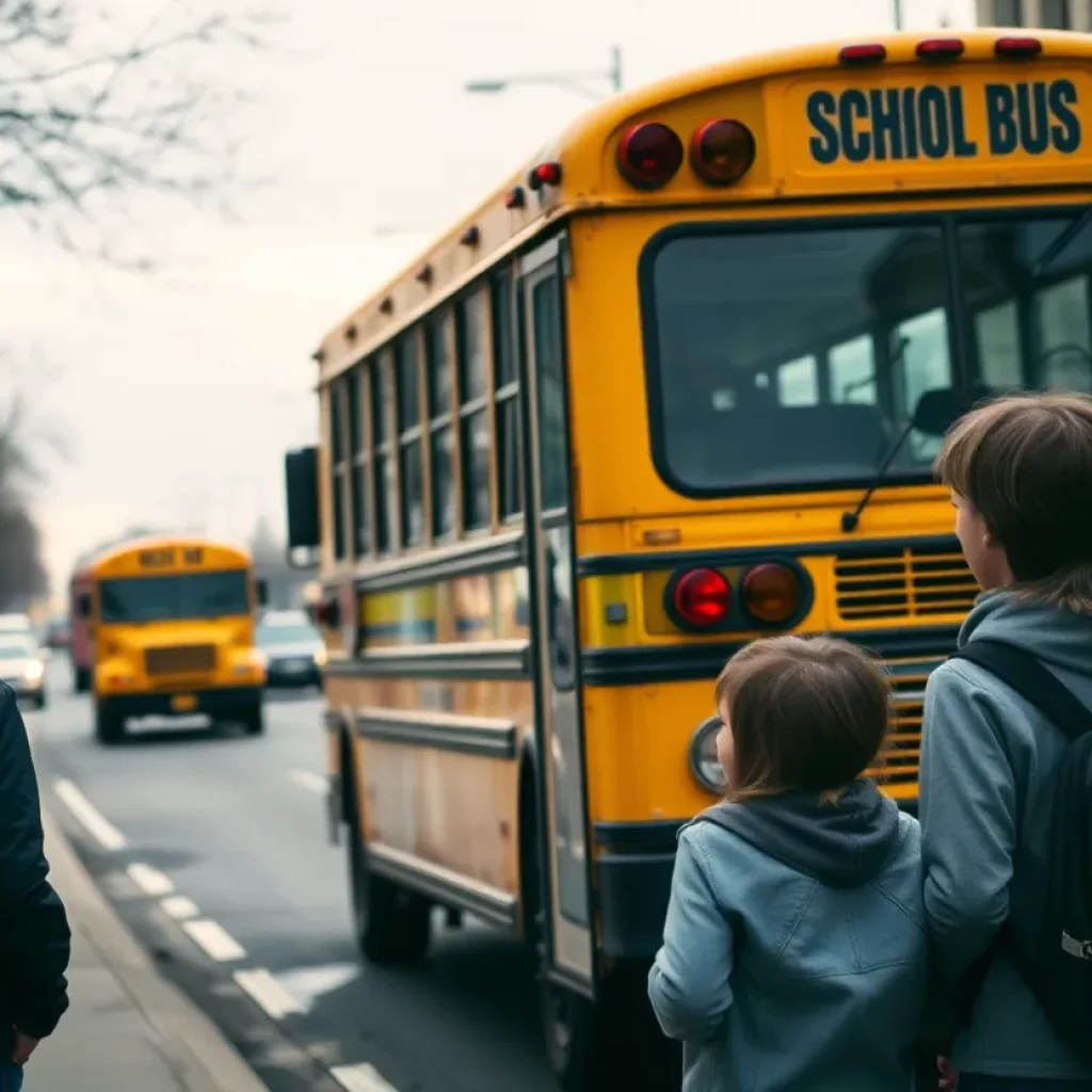 Scene of a school bus and concerned family near the street