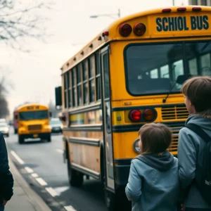 Scene of a school bus and concerned family near the street