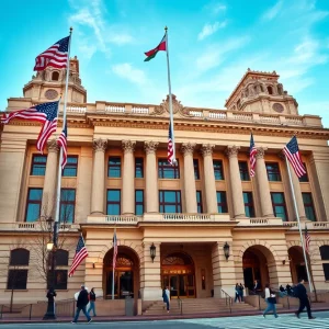 Exterior view of Boston City Hall with flags