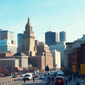 Boston city skyline with symbols of community and immigration.