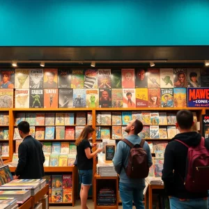 Vibrant comic book store in Boston showcasing diverse comics and fans