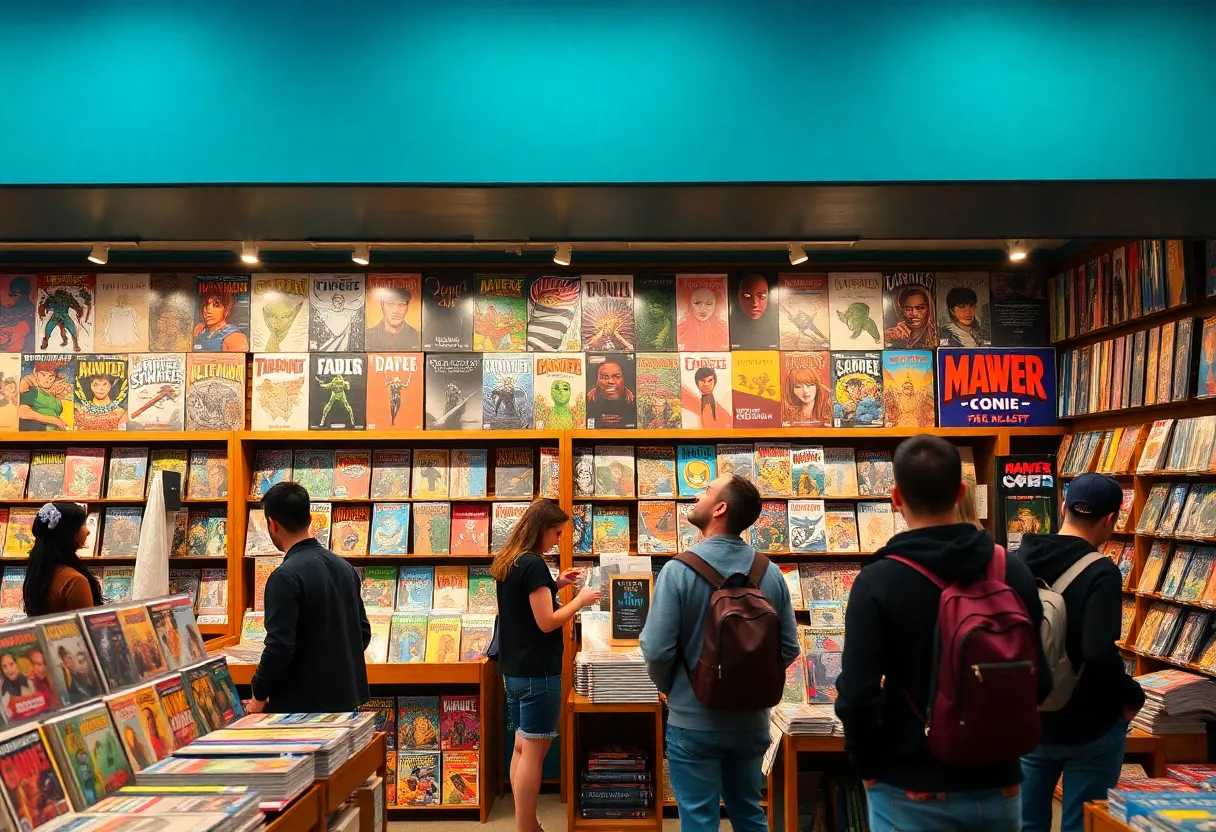 Vibrant comic book store in Boston showcasing diverse comics and fans