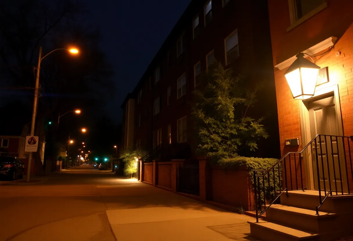 Boston neighborhood scene at night focusing on safety concerns.