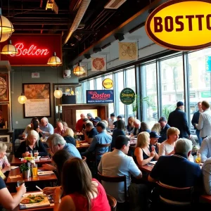 People enjoying meals in a Boston restaurant