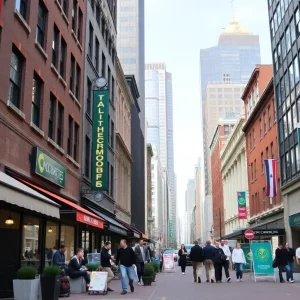 A view of Boston featuring shops and busy streets representing the thriving Massachusetts economy