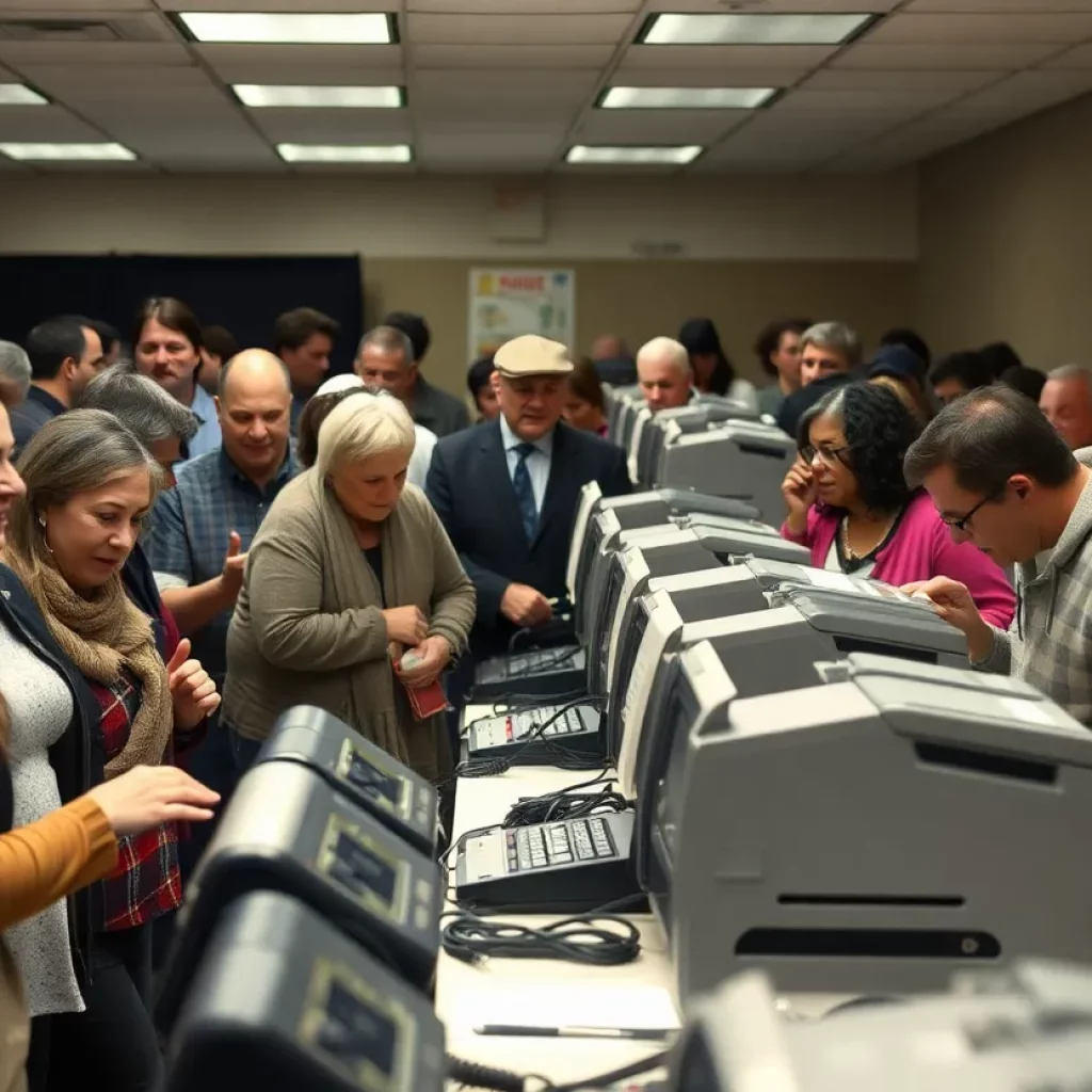 Frustrated voters at a crowded polling station with broken voting machines.