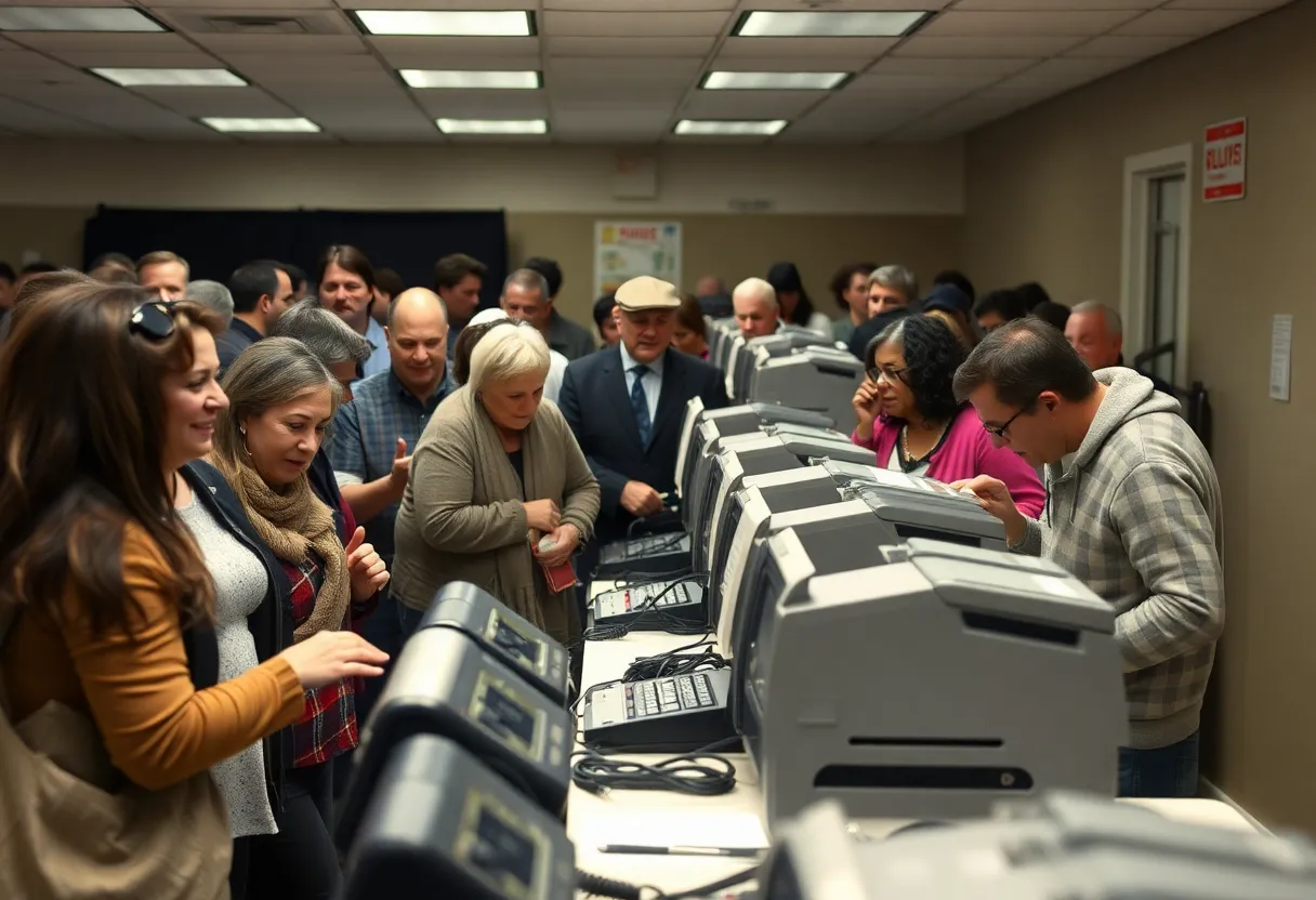 Frustrated voters at a crowded polling station with broken voting machines.