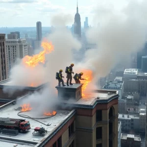 Firefighters working on rooftop to extinguish flames