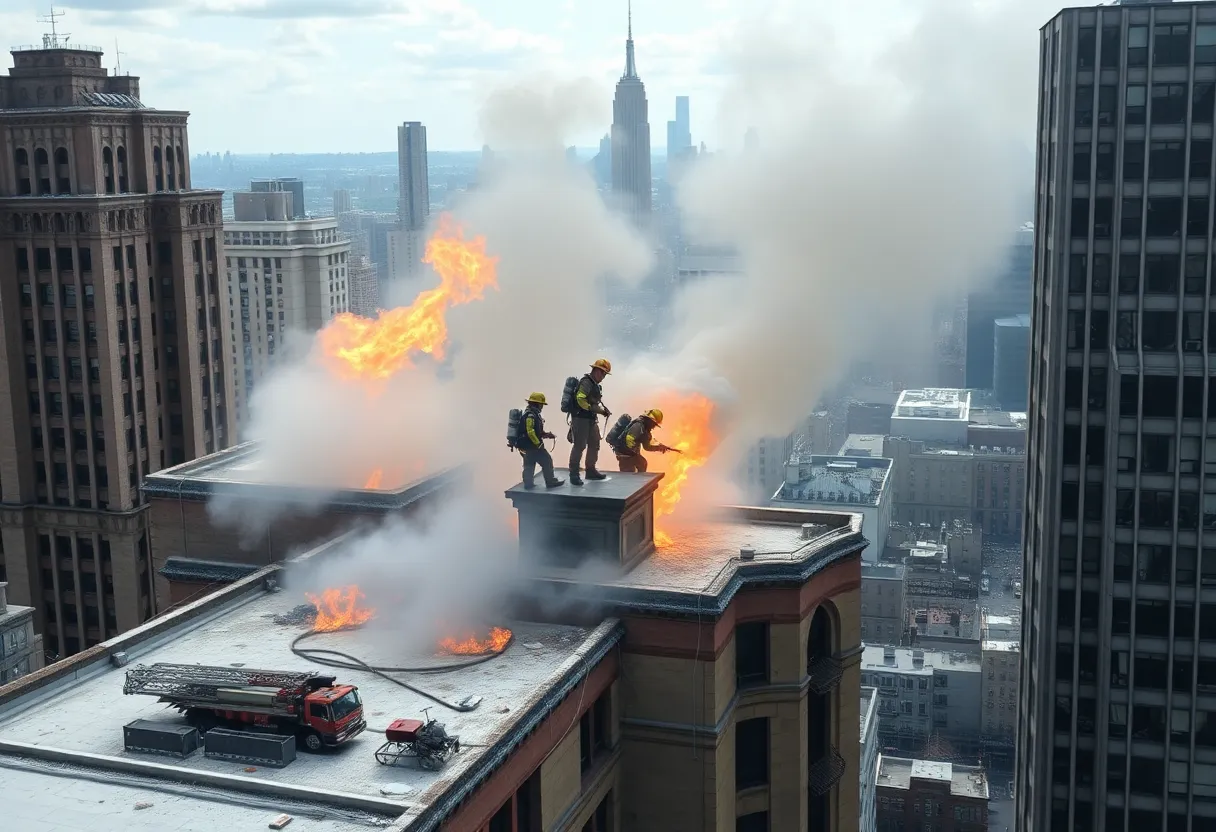 Firefighters working on rooftop to extinguish flames