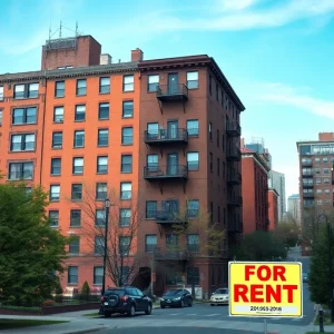 Boston urban housing with 'For Rent' signs
