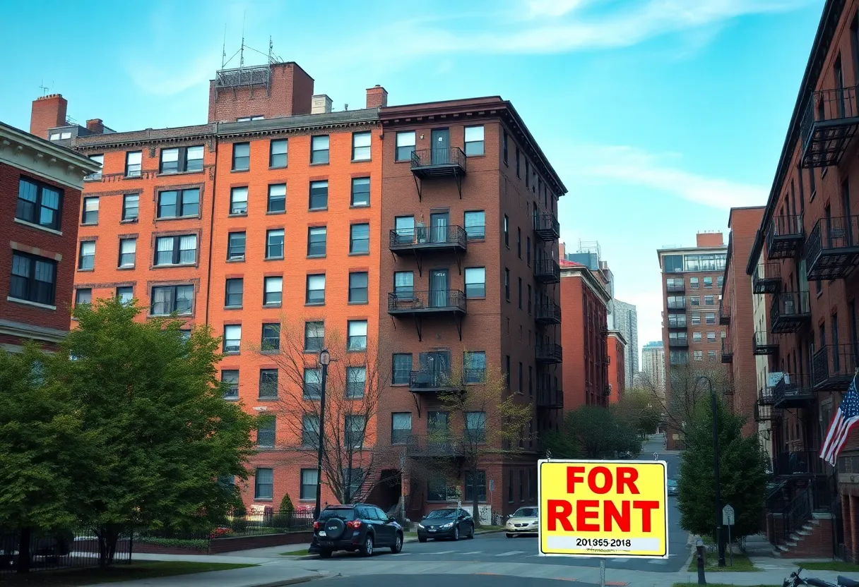 Boston urban housing with 'For Rent' signs