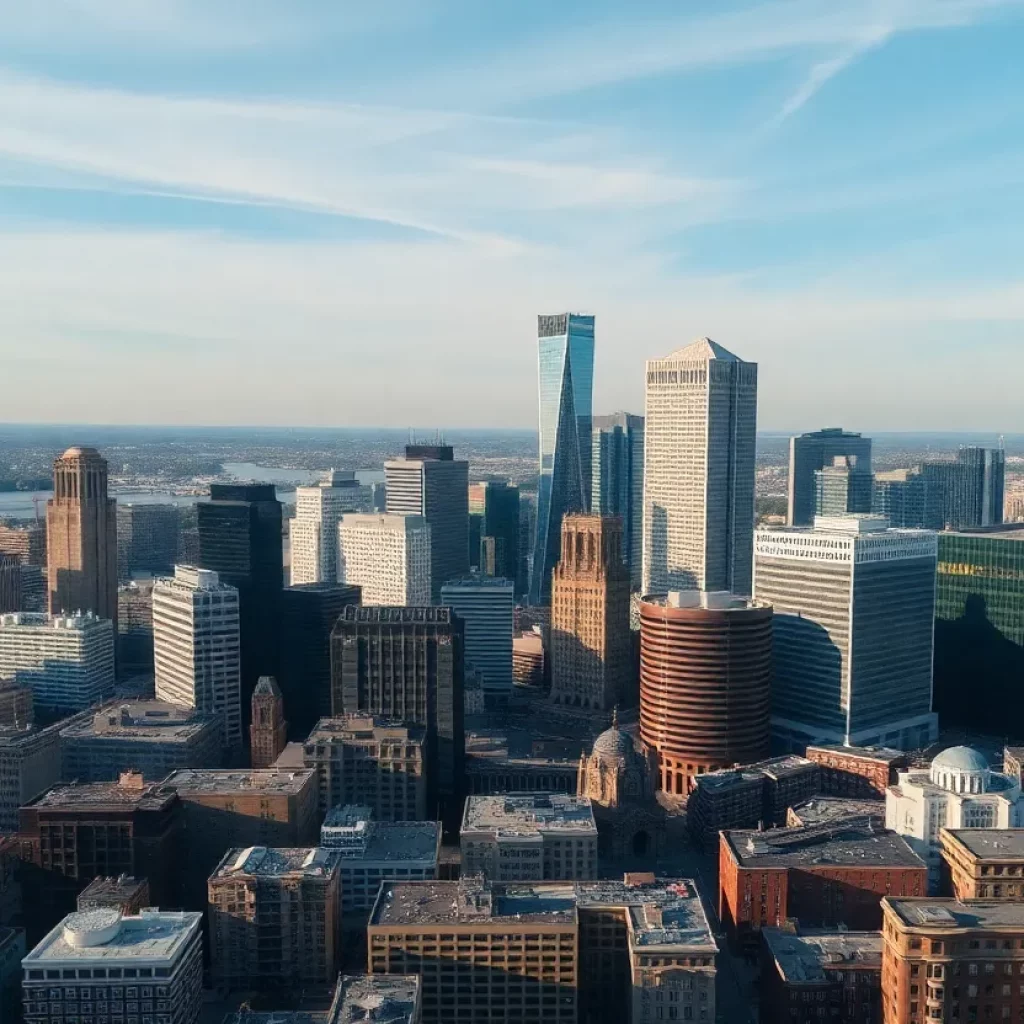 Aerial view of Boston showing lab buildings and city skyline.