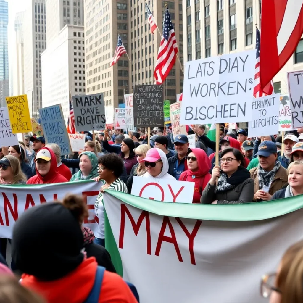 Participants at the May Day rally in Boston advocating for workers' rights