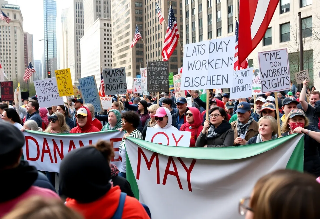 Participants at the May Day rally in Boston advocating for workers' rights