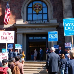 Boston city hall filled with election campaign signs and community engagement