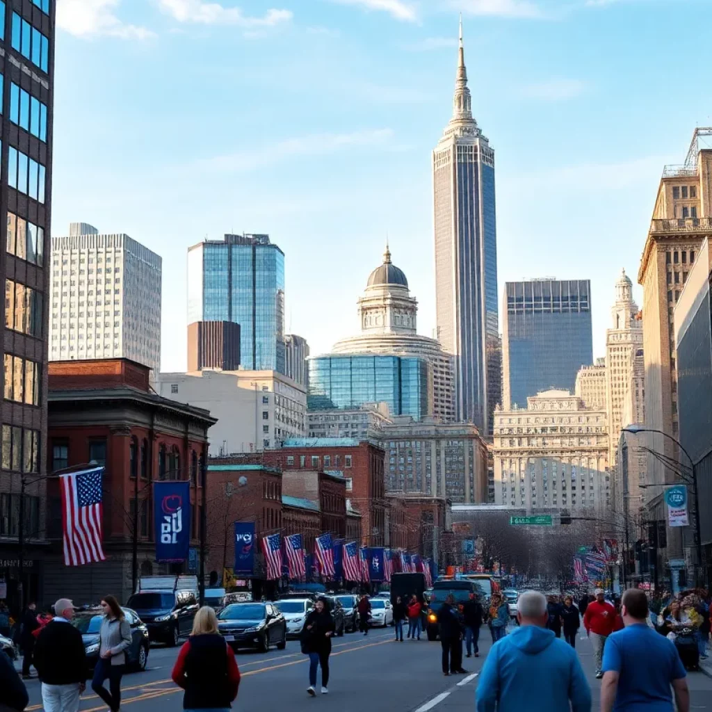 Boston skyline with political campaign elements