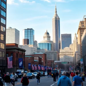 Boston skyline with political campaign elements