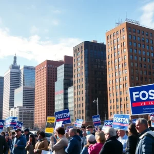 Campaign scene depicting Boston's urban landscape during mayoral election.