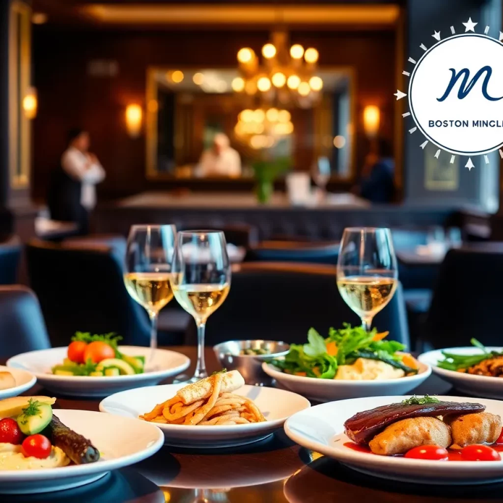 Diverse gourmet dishes presented in a Boston restaurant with a Michelin star logo.
