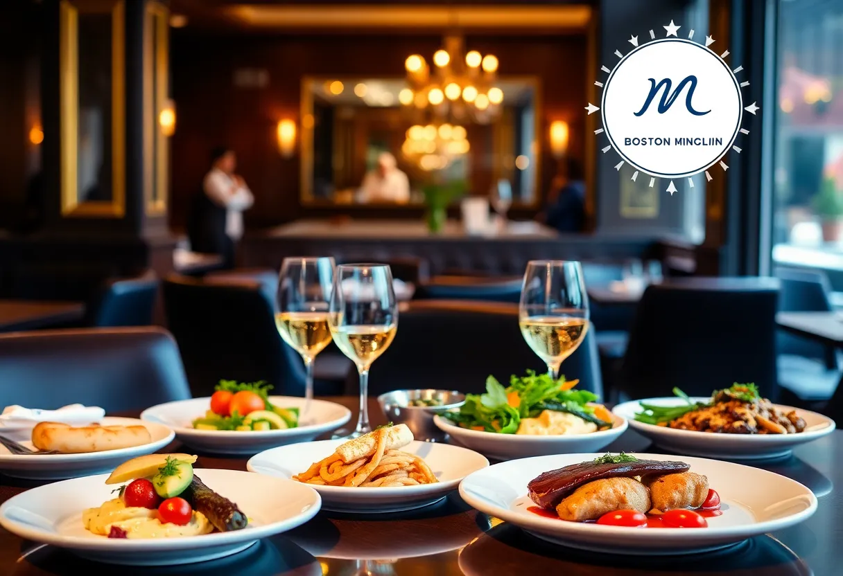 Diverse gourmet dishes presented in a Boston restaurant with a Michelin star logo.