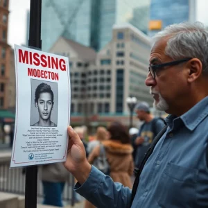 Community member observing a missing person poster in Boston