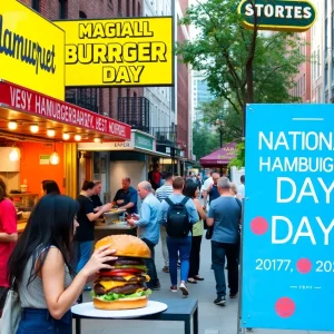 People enjoying free burgers on National Hamburger Day in Boston.