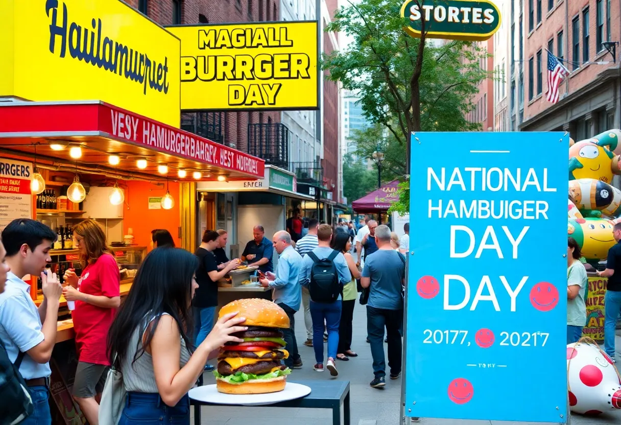 People enjoying free burgers on National Hamburger Day in Boston.