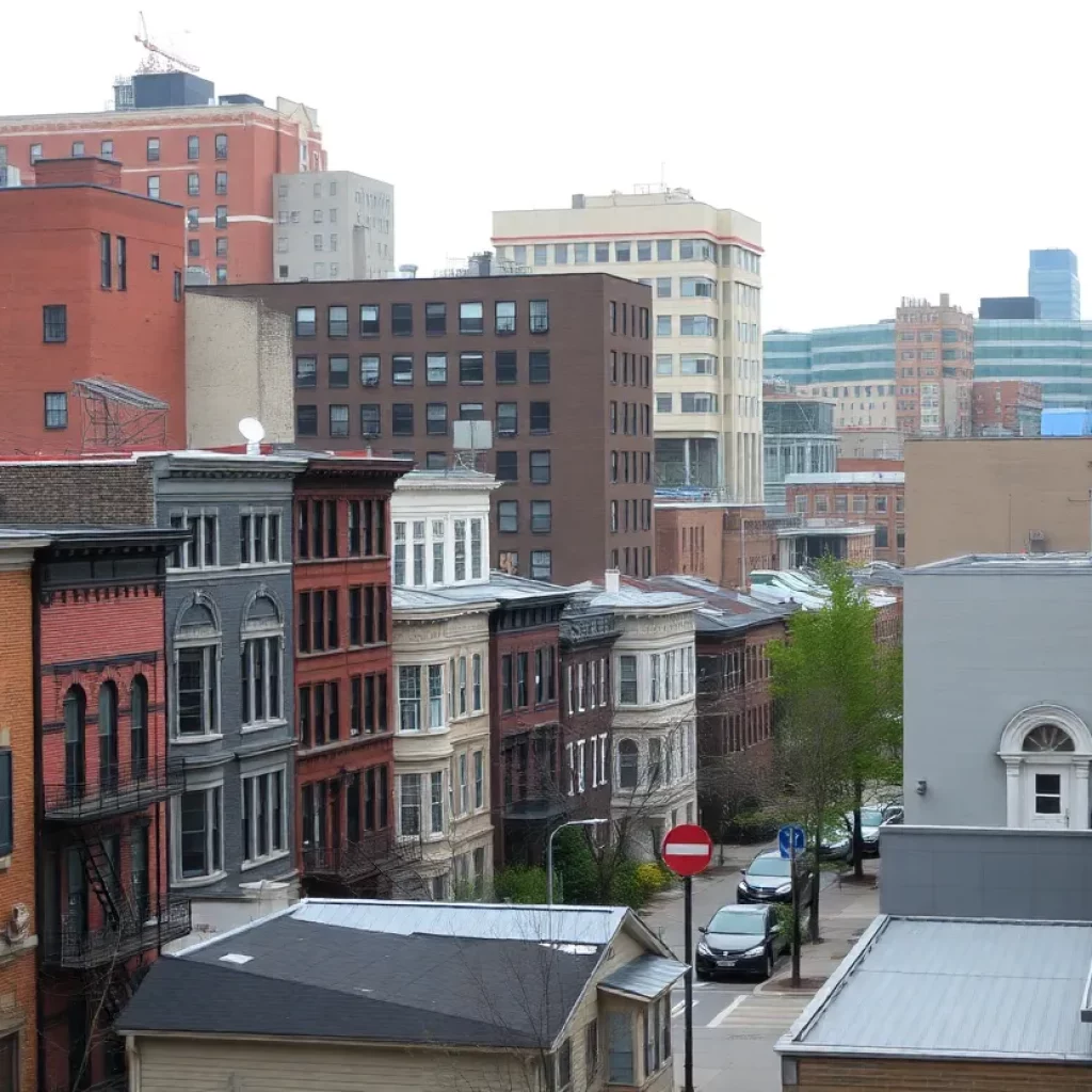 View of Boston neighborhood with various housing styles and empty office spaces.