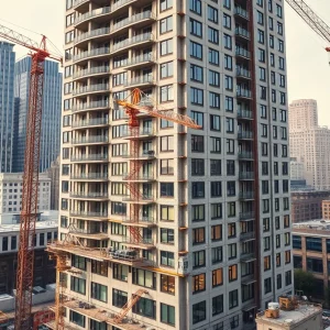 Redevelopment scene in Boston showing office buildings transformed into residential apartments.