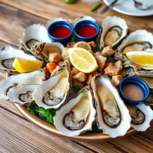 A platter of fresh oysters with lemon slices and sauces, showcasing Boston's seafood dining culture.