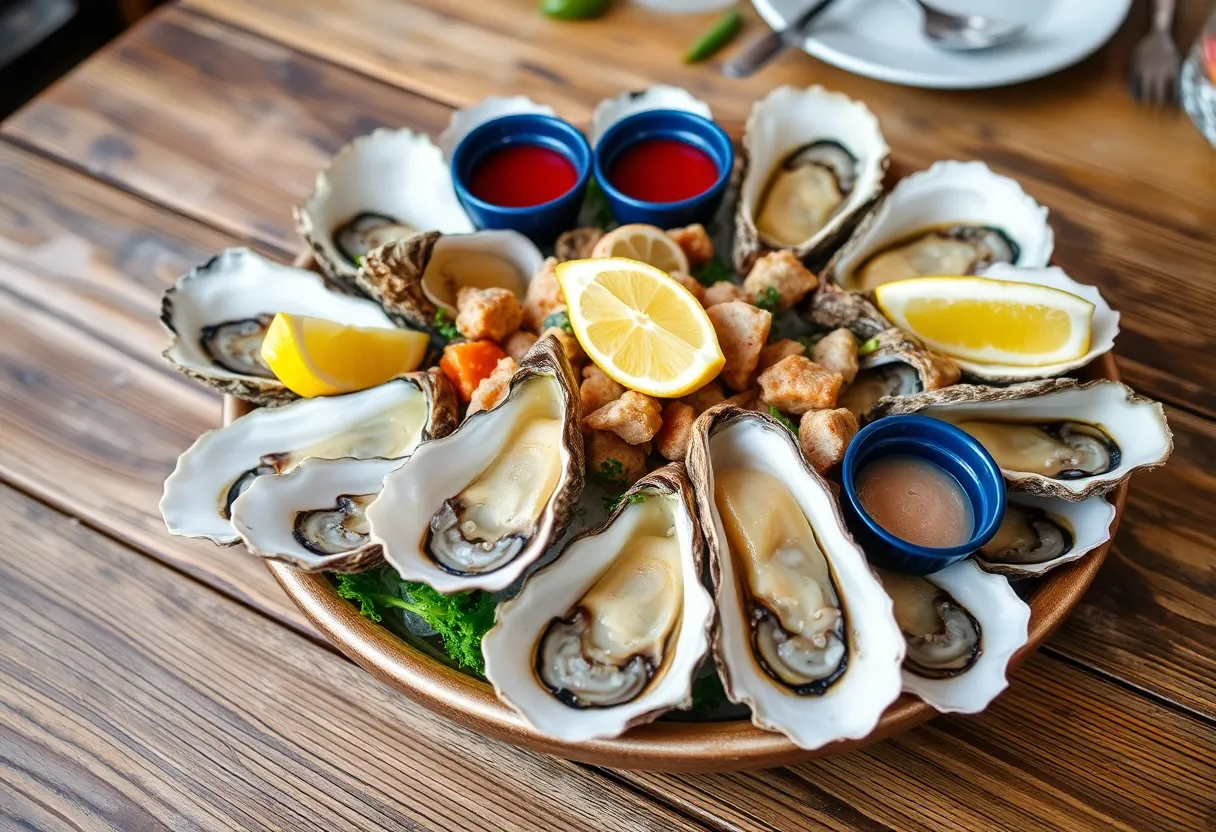 A platter of fresh oysters with lemon slices and sauces, showcasing Boston's seafood dining culture.