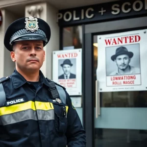 Police officer in front of police station with Most Wanted poster