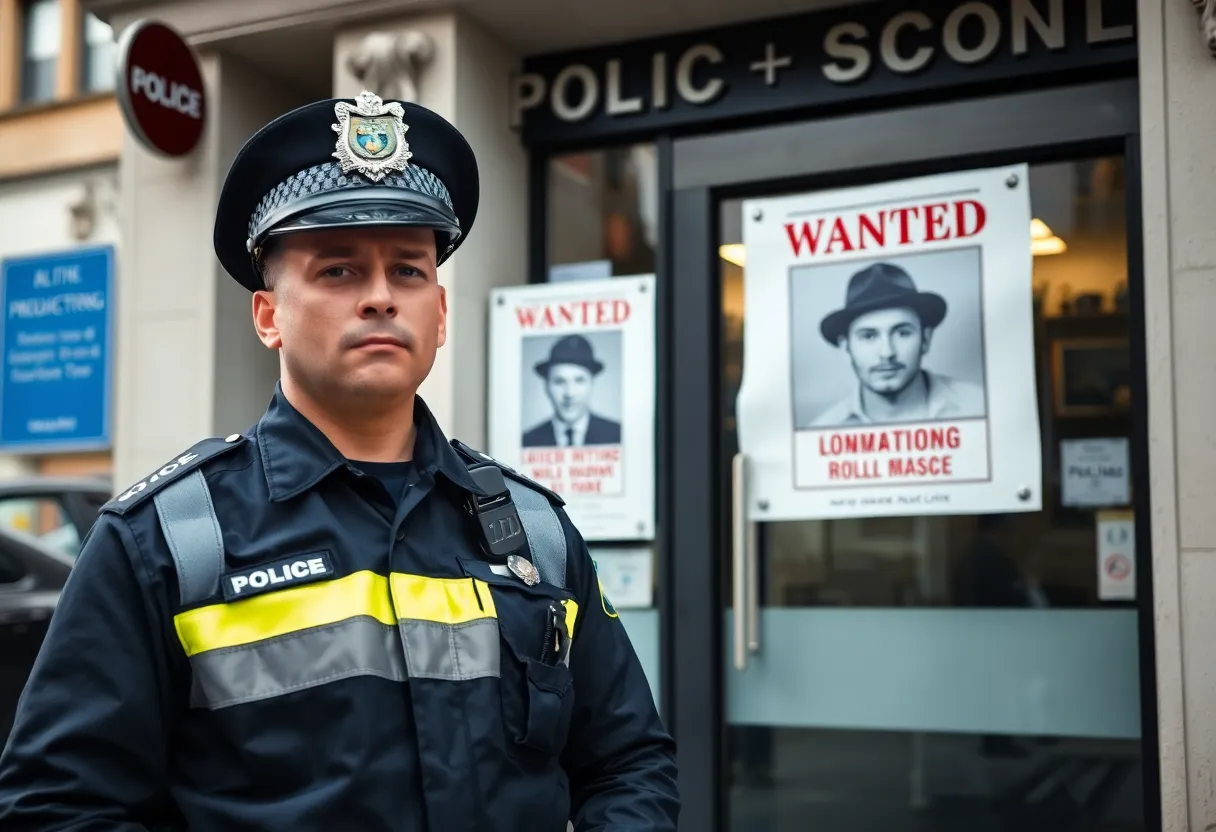 Police officer in front of police station with Most Wanted poster
