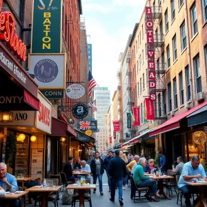 Street view of diverse restaurants in Boston with patrons dining