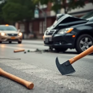 A visual representation of a road rage incident involving a hatchet attack in an urban environment.